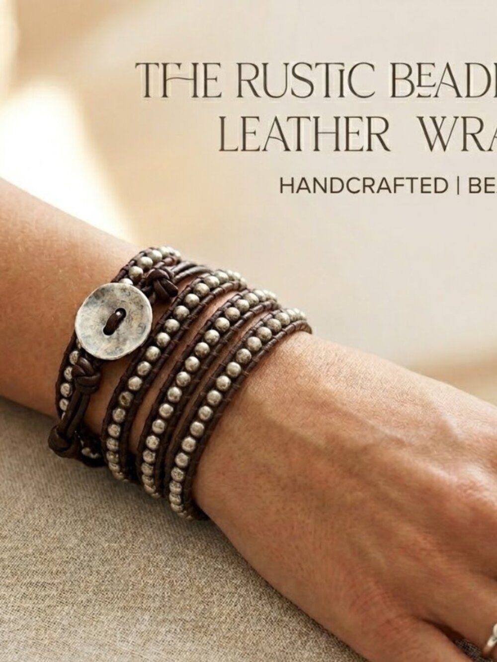 Boho Leather bracelet multi-strap beaded wrap bracelet silver beaded brown
